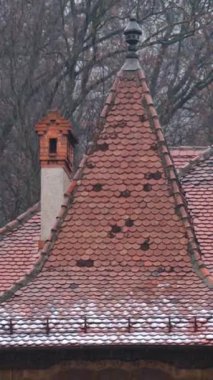 Romanya 'nın güneydoğu Transilvanya kentindeki Brasov kentindeki Siyah Kilise' nin kar yağarken uzaktan görüşü. Dikey