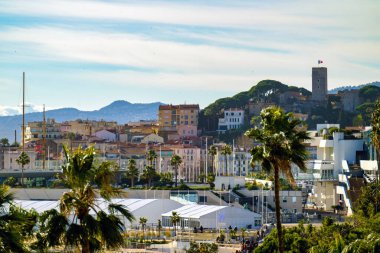 Cannes plajı ve kalesi, binalar ve palmiye ağaçları, Fransa