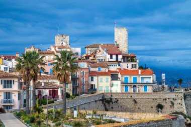 Antibes kalesi ve merkez meydan, deniz kenarındaki palmiye ve kaktüs bahçesi.
