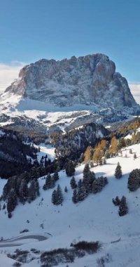 İtalya 'nın Dolomitler kentindeki Gardena Geçidi' nin insansız hava aracı görüntüsü. Dikey