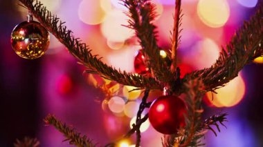 Süslemeleri ve bulanık arkaplanı olan bir Noel ağacının dalını kapat