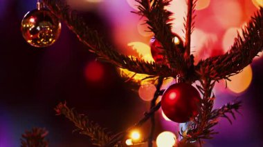 Süslemeleri ve bulanık arkaplanı olan bir Noel ağacının dalını kapat