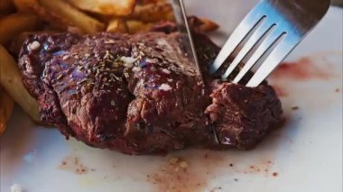 Kazığın yakınında patates kızartması ve salatayla beyaz bir tabakta kesilecek.