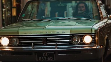 Cannes, Fransa - 10 Ocak 2025: Akşam vakti şehrin sokaklarında yeşil, antika bir Chrysler kullanan adam