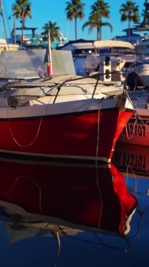 Juan-les-Pins, Fransa - 25 Ocak 2025: Arka planda palmiye ağaçları olan birçok beyaz tekne Vauban Limanı 'na yanaştı. Dikey