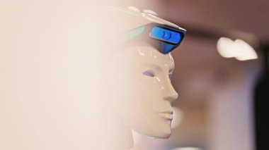 Cannes, Fransa - 15 Şubat 2025: Pırıl pırıl siyah ve beyaz vücutlu insansı robot ve konferansta parlayan mavi gözler
