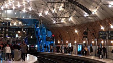 Monte Carlo, Monako - 20 Şubat 2025: İnsanlar ve trenler Monako tren istasyonunda parlak ışıklarla hareket ediyor