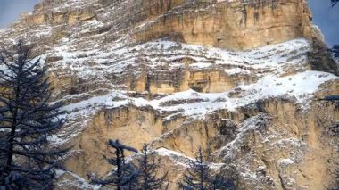 Arkadaki bulutlu gökyüzü ile Dolomitler, İtalya 'daki ağaçların ve dağların üzerindeki kar manzarası