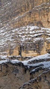 Arkadaki bulutlu gökyüzü ile, Dolomitler, İtalya 'daki ağaçlar ve dağların uzak kar manzarası. Dikey