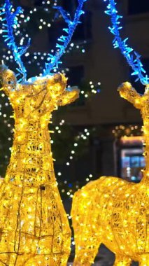 Aydınlatılmış ren geyiği dekorasyonu, İtalya 'nın Cortina d' Ampezzo kentindeki Noel pazarında kızağa rehberlik ediyor. Dikey