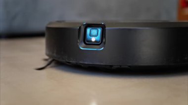 Küçük, siyah bir robot evi temizliyor.