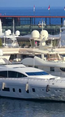 La Condamine, Monaco - 21 Ağustos 2024: Herkül Limanı 'na yanaşmış birden fazla tekne görüntüsü. Dikey