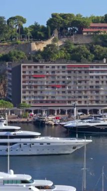 La Condamine, Monaco - 21 Ağustos 2024: Herkül Limanı 'na yanaşmış birden fazla tekne görüntüsü. Dikey