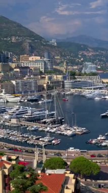 Arka planda şehrin silueti olan Monaco Marina 'daki teknelerin görüntüsü. Dikey