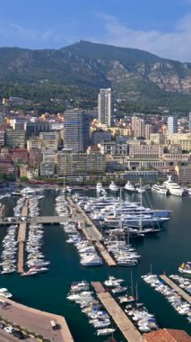 Arka planda şehrin silueti olan Monaco Marina 'daki teknelerin görüntüsü. Dikey