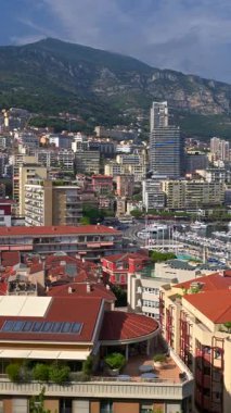 La Condamine, Monaco - 25 Ağustos 2024: Monaco Marina 'da arka planda şehrin ufuk çizgisi olan teknelerin görüntüsü. Dikey
