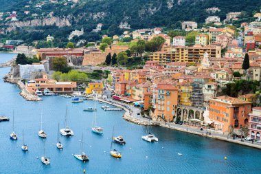 Villefranche sur Mer, Fransa. Hava deniz manzaralı. İdilik köy ve doğa
