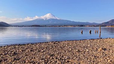 Japonya 'da Kawaguchiko Gölü' nün insansız hava aracı görüntüsü ve arka planda gündüz Fuji Dağı var.