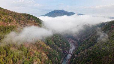 Japonya 'nın Arashiyama kentindeki Katsura Nehri' nin insansız hava aracı görüntüsü