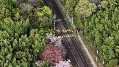 Japonya, Arashiyama 'da demiryolunu geçen insanların insansız hava aracı görüntüsü.