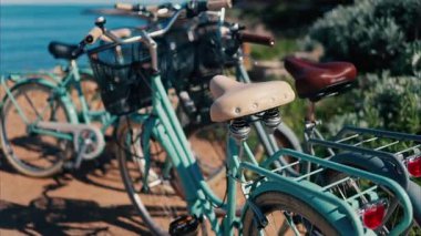 Plaja yakın park edilmiş mavi bisikletlere yakın durun.