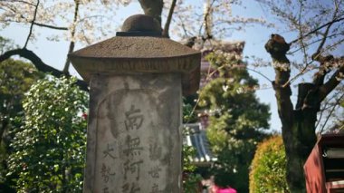Japonya 'nın Asakusa kentindeki Senso-ji Tapınağı' nın avlusundaki taş bir sütuna yaklaş. Tercümesi: 