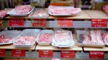 Tokyo, Japan - April 23, 2025: Different types of meat on display at the Tsukiji Fish Market in Japan. Translation: 