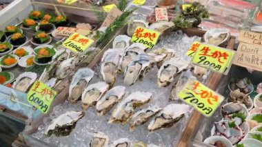 Tokyo, Japonya - 23 Nisan 2025: Japonya 'daki Tsukiji Balık Pazarı' nda buzdaki istiridyeleri kapatın. Çevirisi: 