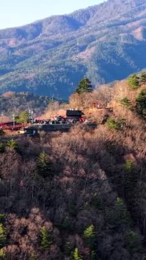 Aerial drone view of Mount Fuji viewpoint and the Kawaguchiko lake
