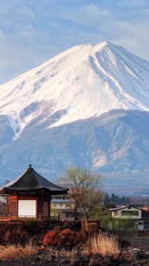 Fujikawaguchiko, Japonya 'da Fuji Dağı' nın arka planında bir tapınağın hava aracı görüntüsü