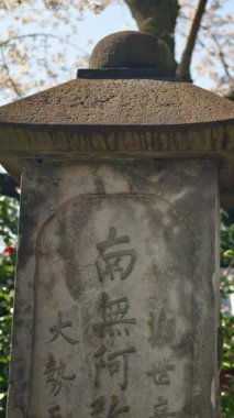 Japonya 'nın Asakusa kentindeki Senso-ji Tapınağı' nın avlusundaki taş bir sütuna yaklaş. Dikey. Tercümesi: 