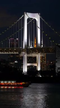 Gökkuşağı Köprüsü manzarası ve Tokyo, Japonya 'da gece şehrin ufuk çizgisi. Dikey