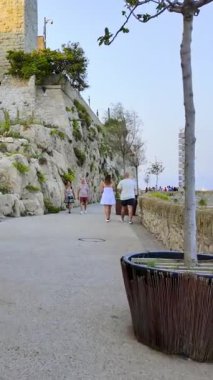 Antibes, Fransa - 29 Ağustos 2024: Kıyıdaki farklı binaların yakınında yürüyen insanları görmek. Dikey