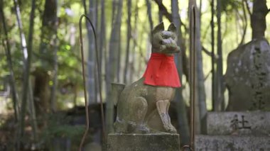 Canlı kırmızı bir eşarpla süslenmiş taş bir tilki heykeli, sakin bir bambu korusunda nöbet tutuyor. Fushimi Inari, Kyoto, Japonya