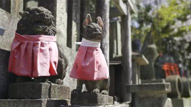 Japonya 'da güzel bir tapınakta kırmızı eşarplarla süslenmiş taş tilki heykelleri. Bu site, sakin bir ortamda geleneksel mimariyi sergiliyor. Kyoto, Japonya, Fushimi Inari