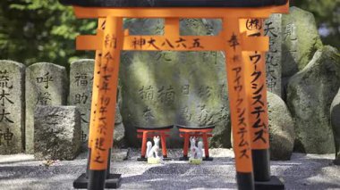 Kyoto, Japonya - 9 Nisan 2025: Antik tapınakta taşın üzerinde duran canlı küçük kırmızı torii kapıları. Fushimi Inari