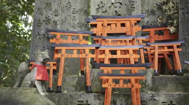 Kyoto, Japonya - 9 Nisan 2025: Her biri geleneksel karakterlerle işlenmiş küçük kırmızı torii kapıları. Sahne Japon kültürünün ve maneviyatının güzelliğini yakalıyor. Fushimi Inari