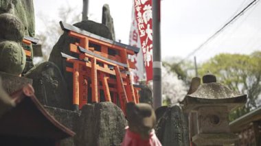Kyoto, Japonya - 9 Nisan 2025: Parlak kırmızı torii kapıları ve geleneksel taş fenerlerin yer aldığı tarihi bir tapınakta sükunet deneyimi. Kyoto, Japonya, Fushimi Inari