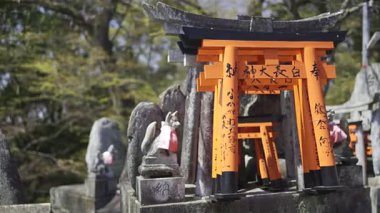 Kyoto, Japonya - 9 Nisan 2025: Ziyaretçiler, dingin bir ortamda canlı kapılarla süslenmiş karmaşık bir şekilde işlenmiş türbelere hayran kalırlar. Fushimi Inari