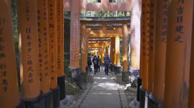 Kyoto, Japonya - 9 Nisan 2025: Konuklar Fushimi Inari türbesindeki bir dizi canlı kırmızı torii kapısından geçiyorlar