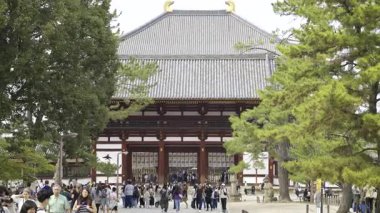 Nara, Japonya - 10 Nisan 2025: Todai-ji Chumon Budist tapınağına doğru yürüyen ziyaretçiler