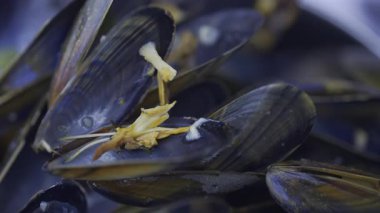 Üstünde yeşil soğan olan bir tencerede çoklu buharlı midyeleri kapat.