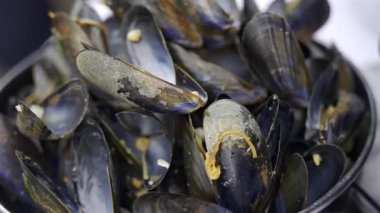 Üstünde yeşil soğan olan bir tencerede çoklu buharlı midyeleri kapat.
