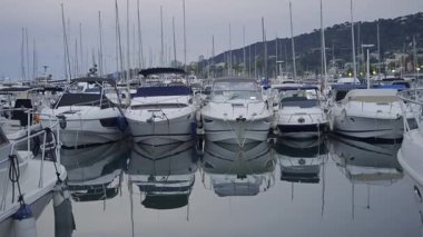 Multiple white boats docked in the Port Vauban in the evening in Antibes, France