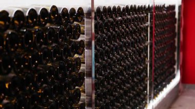 Chateau de Cremat Şaraphanesindeki raflarda çoklu şarap şişeleri var.