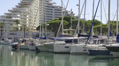 Villeneuve-Loubet, Fransa - 7 Haziran 2025: Tekneler gündüz vakti Marina Baie des Anges 'e yanaştı