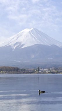 Fuji Dağı 'nın çarpıcı manzarası Kawaguchi Gölü' nün sakin sularına yansıyor.