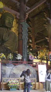Nara, Japonya - 10 Nisan 2025: Todai-ji tapınağındaki Büyük Buda heykelinin zamanaşımı. Renkli çiçek aranjmanları. Büyük Buda Salonunun içi