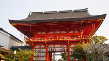 Kyoto, Japonya - 11 Nisan 2025: Gündüz vakti kiraz ağaçlarıyla çevrili Yasaka türbesini görmek. Çeviri: 