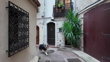 Antibes, Fransa - 14 Temmuz 2025: Bulutlu bir günde şehirdeki binalar arasındaki dar sokaklar